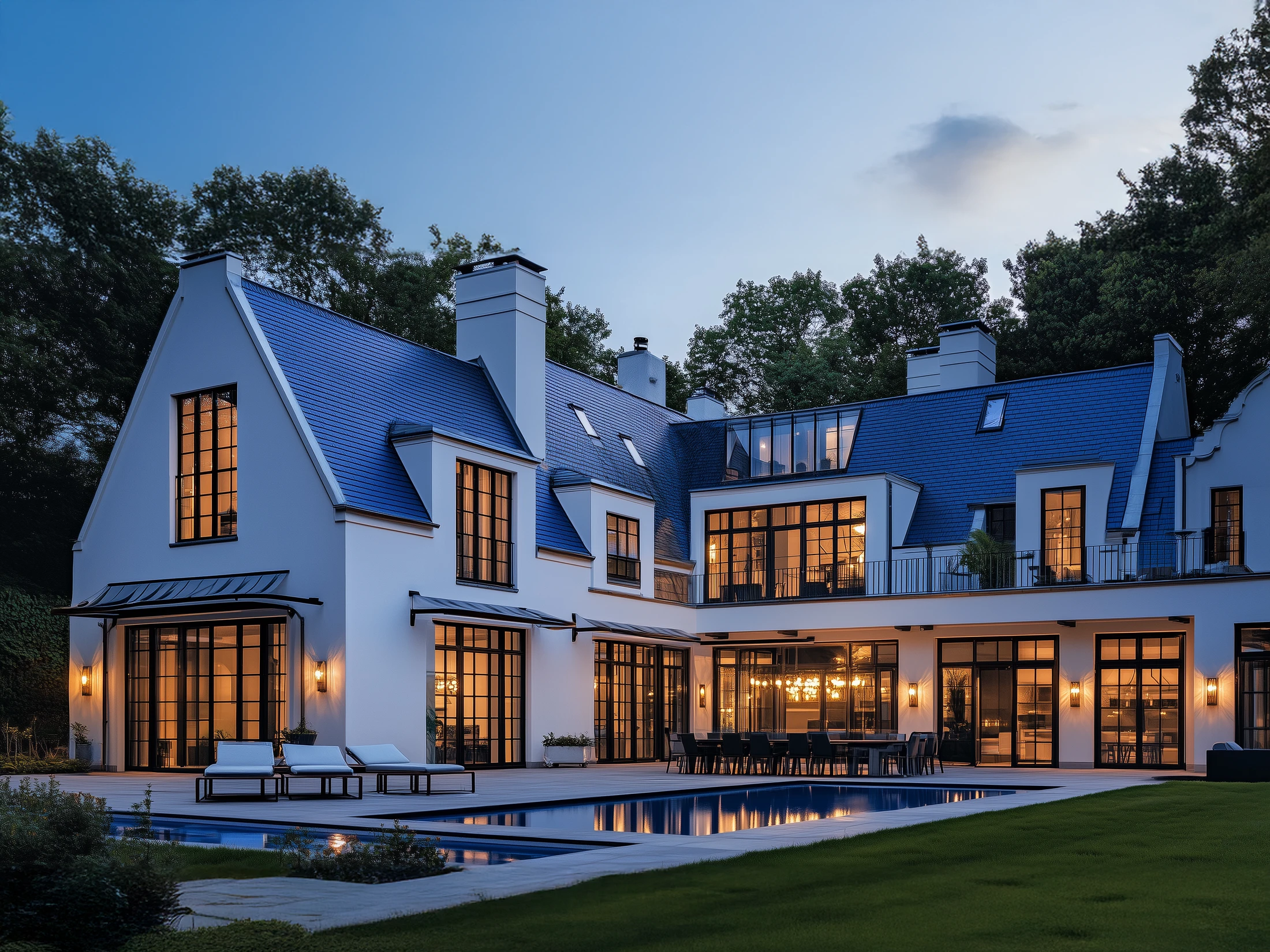modern-classic-house Eine moderne klassizistisch angelehnte Villa bei Nacht mit einer eleganten weissen Fassade